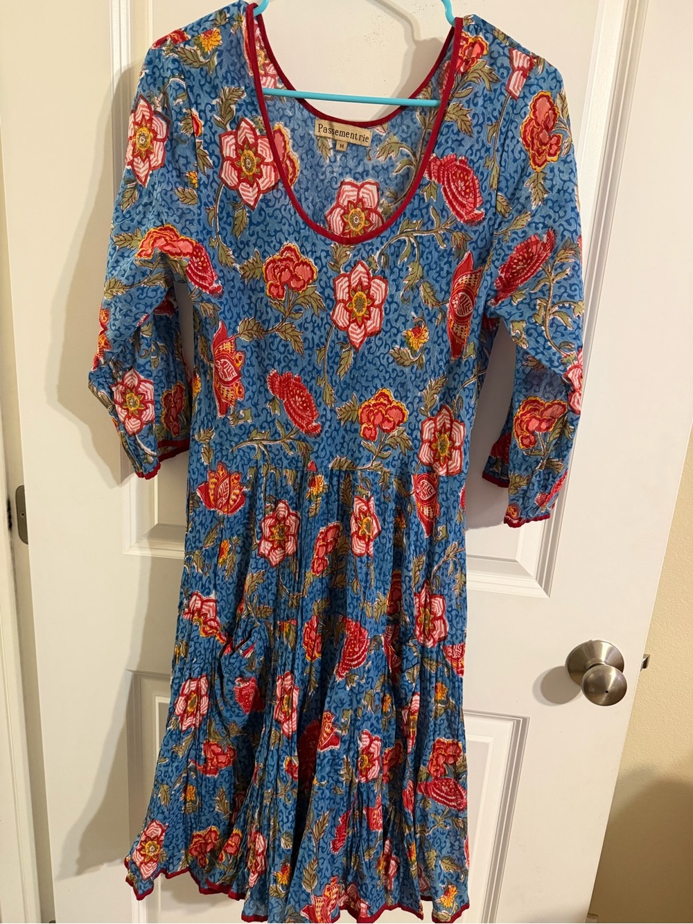 Passementrie Blue Floral Midi Dress with Red Accents size medium